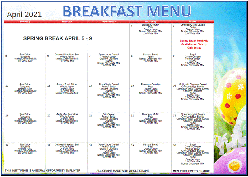 SAUSD Elementary Breakfast Lunch Menus For APRIL 2021